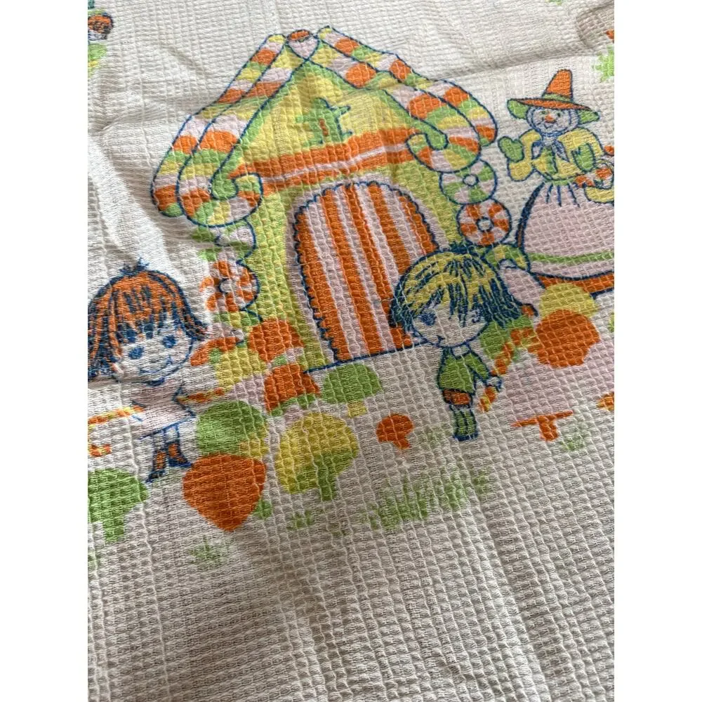 Vintage‎ Hansel & Gretel satin trimmed waffle knit mushroom print orange blanket